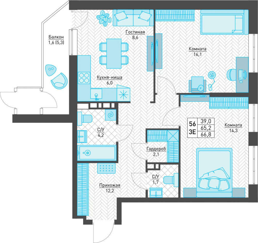 3-комнатная квартира 66.8м²