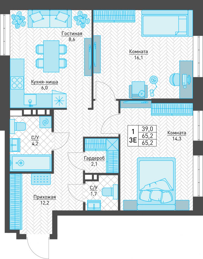 3-комнатная квартира 65.2м²