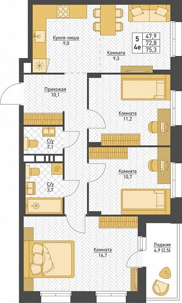 4-комнатная квартира 75.3м²