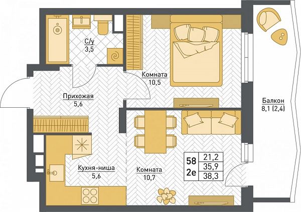 2-комнатная квартира 38.3м²
