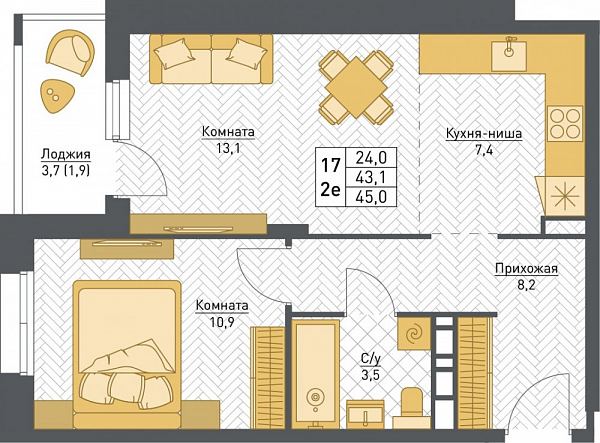 2-комнатная квартира 45.0м², 3 этаж